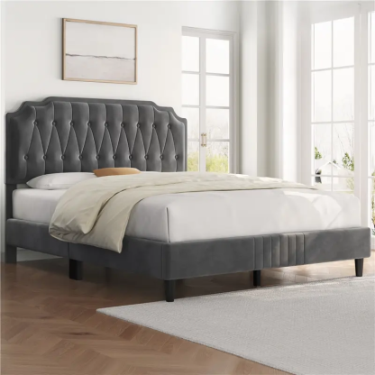 Yaheetech Linen Fabric /Velvet Upholstered Bed Frame Full/Queen/King with Wooden Slat Support, No Box Spring Needed, Durable Construction, Easy Assembly Furniture Bedroom Beige Headboard