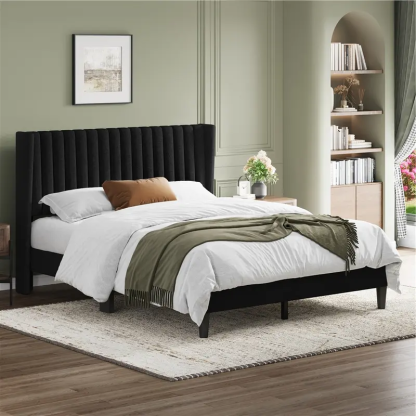 Yaheetech Linen Fabric /Velvet Upholstered Bed Frame Full/Queen/King with Wooden Slat Support, No Box Spring Needed, Durable Construction, Easy Assembly Furniture Bedroom Beige Headboard