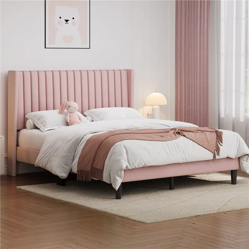 Yaheetech Linen Fabric /Velvet Upholstered Bed Frame Full/Queen/King with Wooden Slat Support, No Box Spring Needed, Durable Construction, Easy Assembly Furniture Bedroom Beige Headboard