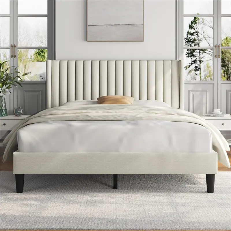 Yaheetech Linen Fabric /Velvet Upholstered Bed Frame Full/Queen/King with Wooden Slat Support, No Box Spring Needed, Durable Construction, Easy Assembly Furniture Bedroom Beige Headboard