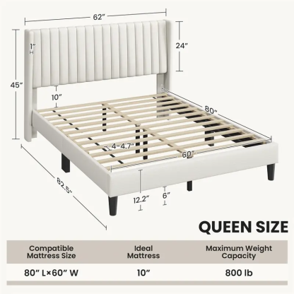 Yaheetech Linen Fabric /Velvet Upholstered Bed Frame Full/Queen/King with Wooden Slat Support, No Box Spring Needed, Durable Construction, Easy Assembly Furniture Bedroom Beige Headboard