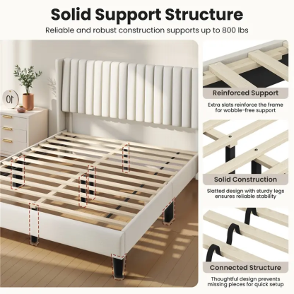 Yaheetech Linen Fabric /Velvet Upholstered Bed Frame Full/Queen/King with Wooden Slat Support, No Box Spring Needed, Durable Construction, Easy Assembly Furniture Bedroom Beige Headboard