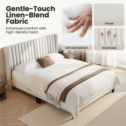 Yaheetech Linen Fabric /Velvet Upholstered Bed Frame Full/Queen/King with Wooden Slat Support, No Box Spring Needed, Durable Construction, Easy Assembly Furniture Bedroom Beige Headboard