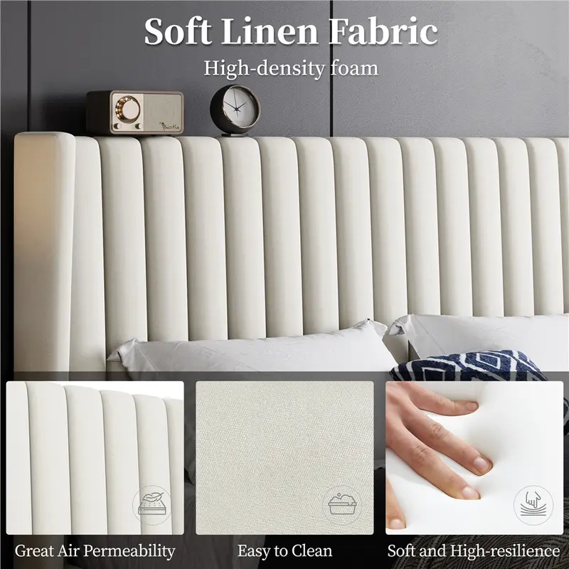 Yaheetech Linen Fabric /Velvet Upholstered Bed Frame Full/Queen/King with Wooden Slat Support, No Box Spring Needed, Durable Construction, Easy Assembly Furniture Bedroom Beige Headboard