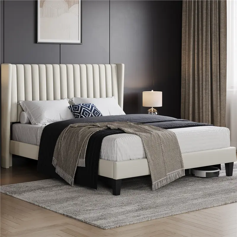 Yaheetech Linen Fabric /Velvet Upholstered Bed Frame Full/Queen/King with Wooden Slat Support, No Box Spring Needed, Durable Construction, Easy Assembly Furniture Bedroom Beige Headboard