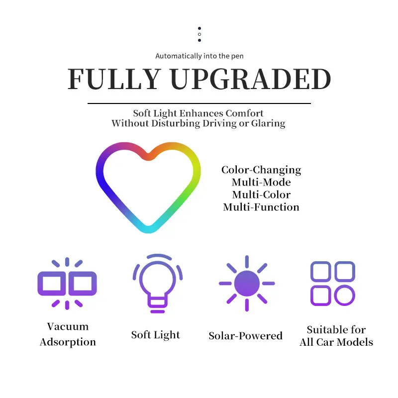 Luz de neón LED solar para pilar C con forma de corazón — Decoración interior de automóvil ecológica e inalámbrica (9,57 mm x 8,42 mm x 15,36 mm) — Diseño moderno y elegante