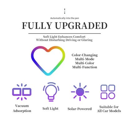 Luz de neón LED solar para pilar C con forma de corazón — Decoración interior de automóvil ecológica e inalámbrica (9,57 mm x 8,42 mm x 15,36 mm) — Diseño moderno y elegante
