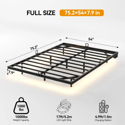 Estructura de cama flotante, base de plataforma metálica con luces LED, estación de carga con 2 tomas de corriente y puertos USB, no requiere somier, antideslizante, silenciosa, fácil montaje.