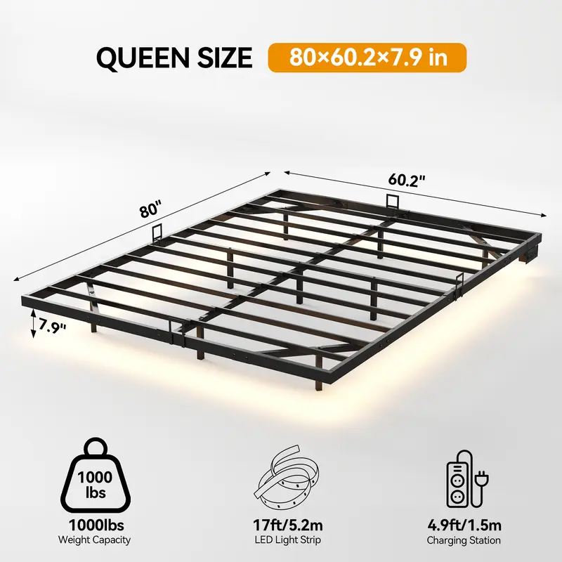 Estructura de cama flotante, base de plataforma metálica con luces LED, estación de carga con 2 tomas de corriente y puertos USB, no requiere somier, antideslizante, silenciosa, fácil montaje.