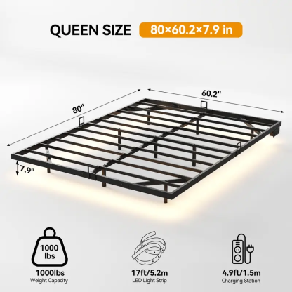 Estructura de cama flotante, base de plataforma metálica con luces LED, estación de carga con 2 tomas de corriente y puertos USB, no requiere somier, antideslizante, silenciosa, fácil montaje.