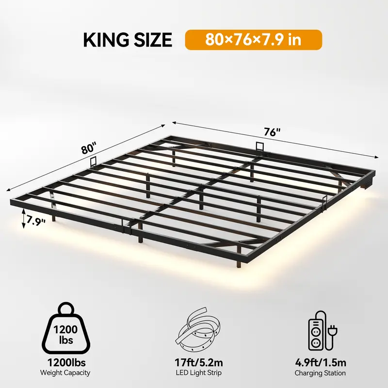 Estructura de cama flotante, base de plataforma metálica con luces LED, estación de carga con 2 tomas de corriente y puertos USB, no requiere somier, antideslizante, silenciosa, fácil montaje.