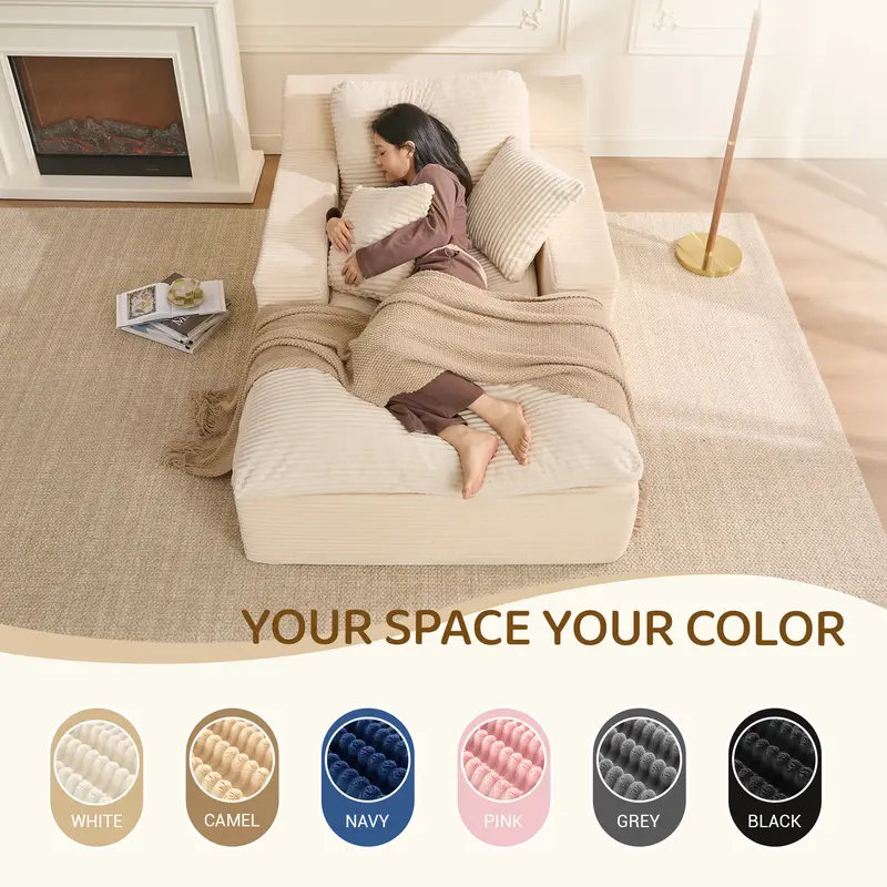 AFUSON 62" Oversized Boneless Chaise Lounge Chair, Extra Cloud Layer, Convertible Sleeper Sofa Couch with Removable Pillows & Side Pockets, Corduroy Upholstered Sofa Bed with Armrests for Living Room,sofa bed,Camel,couch bed,bean bag chair,couches