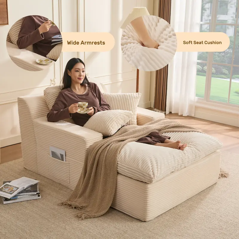AFUSON 62" Oversized Boneless Chaise Lounge Chair, Extra Cloud Layer, Convertible Sleeper Sofa Couch with Removable Pillows & Side Pockets, Corduroy Upholstered Sofa Bed with Armrests for Living Room,sofa bed,Camel,couch bed,bean bag chair,couches