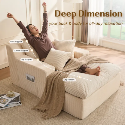 AFUSON 62" Oversized Boneless Chaise Lounge Chair, Extra Cloud Layer, Convertible Sleeper Sofa Couch with Removable Pillows & Side Pockets, Corduroy Upholstered Sofa Bed with Armrests for Living Room,sofa bed,Camel,couch bed,bean bag chair,couches