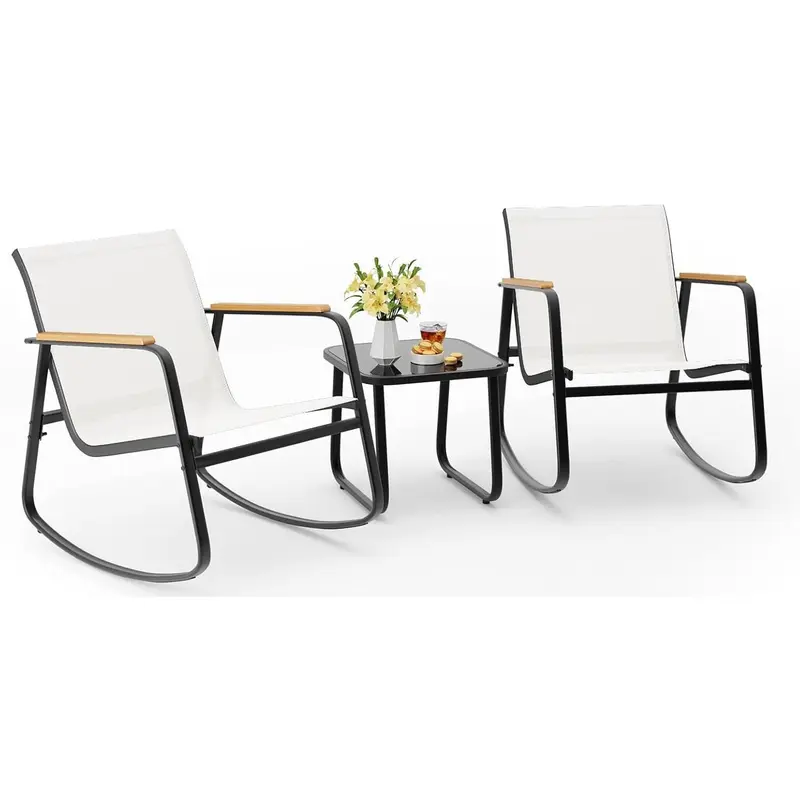 Juego de bistró mecedor de 3 piezas, conjunto de muebles de patio con tela Textilene, sillas mecedoras para porche delantero con mesa de centro para césped, jardín, balcón y zona de piscina (Negro)