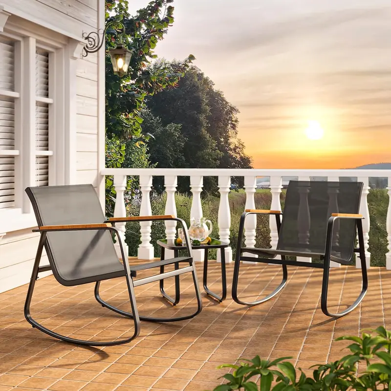 Juego de bistró mecedor de 3 piezas, conjunto de muebles de patio con tela Textilene, sillas mecedoras para porche delantero con mesa de centro para césped, jardín, balcón y zona de piscina (Negro)