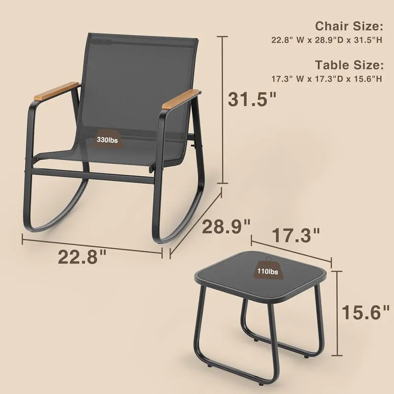 Juego de bistró mecedor de 3 piezas, conjunto de muebles de patio con tela Textilene, sillas mecedoras para porche delantero con mesa de centro para césped, jardín, balcón y zona de piscina (Negro)