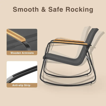 Juego de bistró mecedor de 3 piezas, conjunto de muebles de patio con tela Textilene, sillas mecedoras para porche delantero con mesa de centro para césped, jardín, balcón y zona de piscina (Negro)