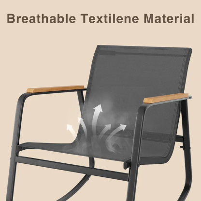 Juego de bistró mecedor de 3 piezas, conjunto de muebles de patio con tela Textilene, sillas mecedoras para porche delantero con mesa de centro para césped, jardín, balcón y zona de piscina (Negro)