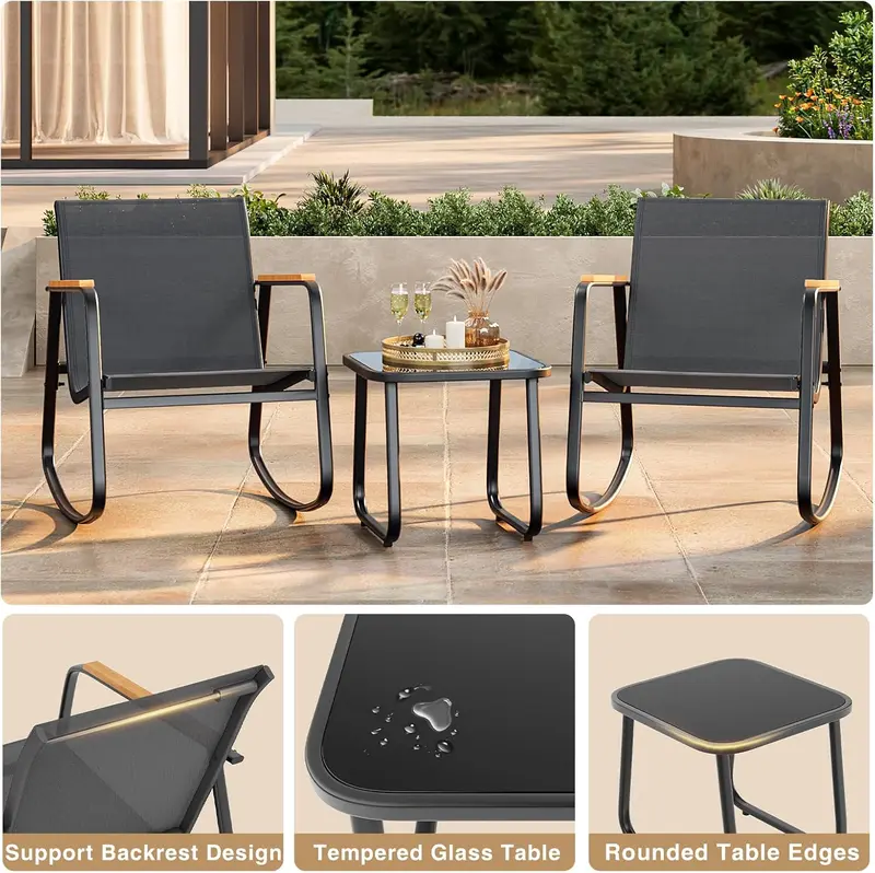 Juego de bistró mecedor de 3 piezas, conjunto de muebles de patio con tela Textilene, sillas mecedoras para porche delantero con mesa de centro para césped, jardín, balcón y zona de piscina (Negro)