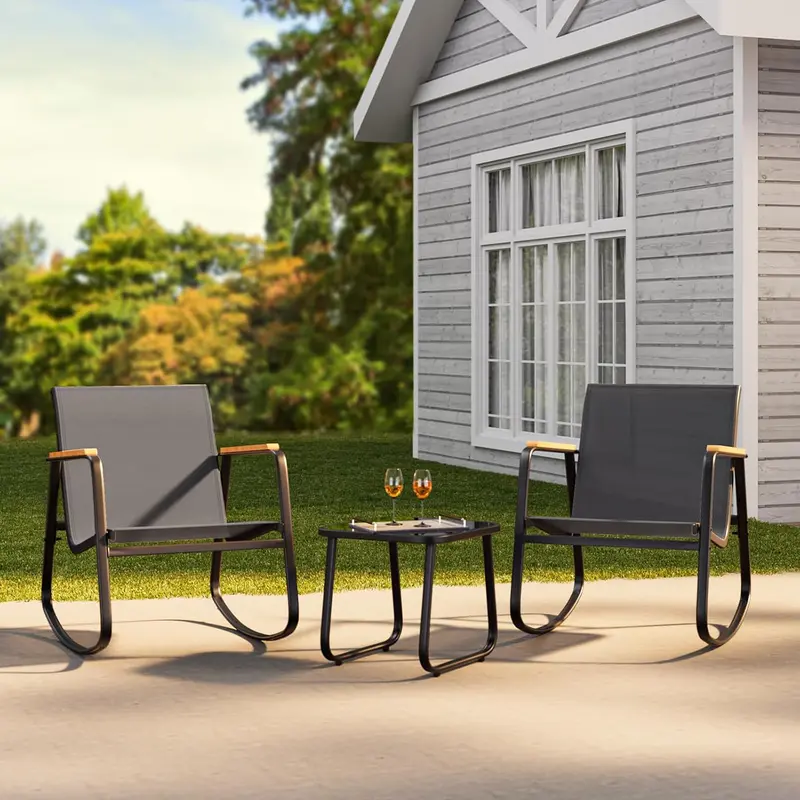Juego de bistró mecedor de 3 piezas, conjunto de muebles de patio con tela Textilene, sillas mecedoras para porche delantero con mesa de centro para césped, jardín, balcón y zona de piscina (Negro)