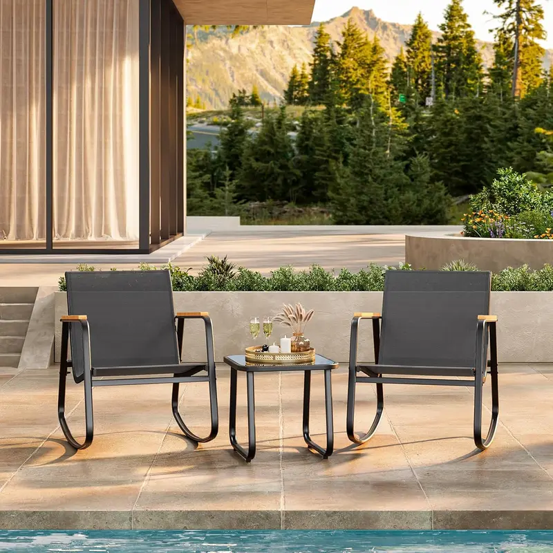 Juego de bistró mecedor de 3 piezas, conjunto de muebles de patio con tela Textilene, sillas mecedoras para porche delantero con mesa de centro para césped, jardín, balcón y zona de piscina (Negro)