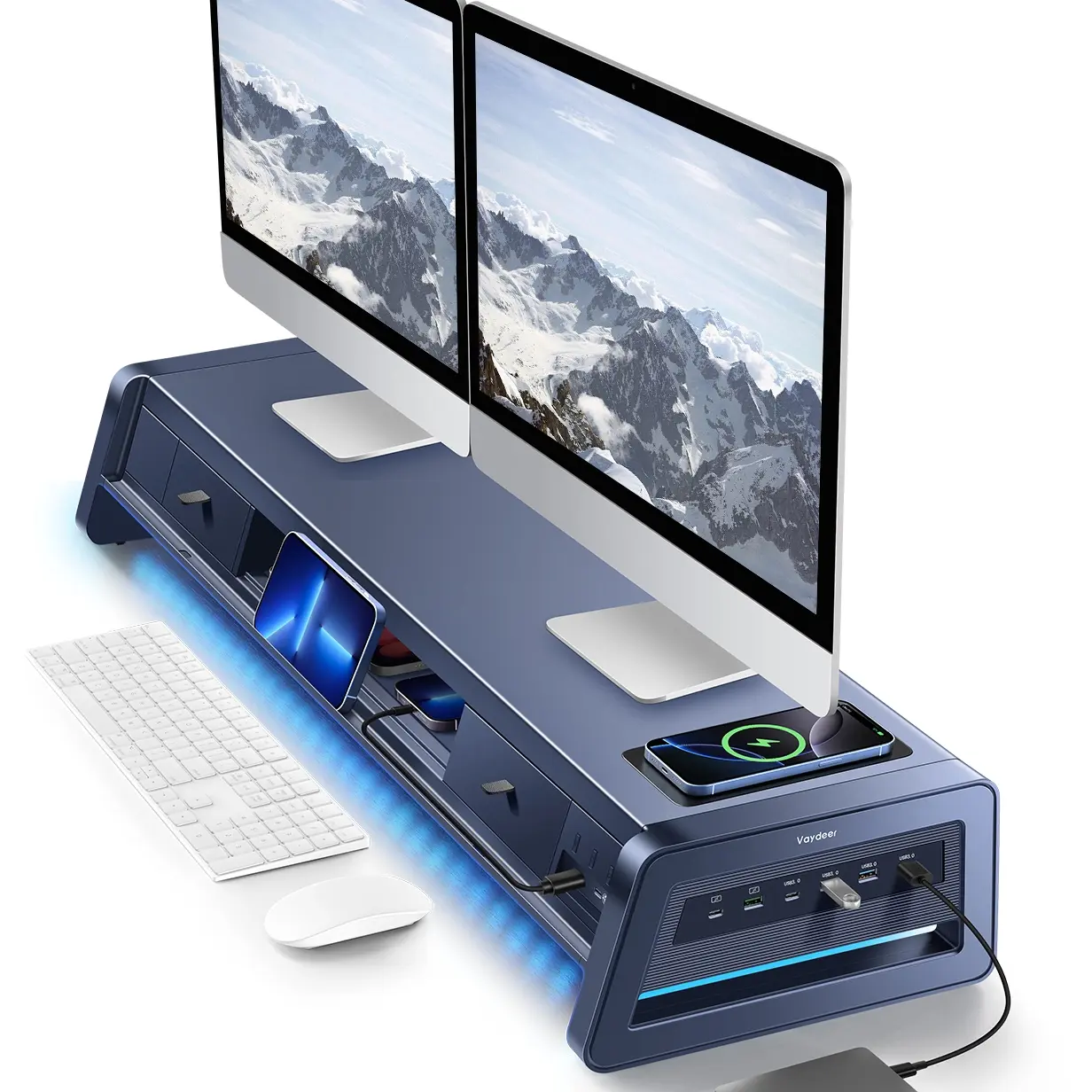 Soporte metálico elevador para dos monitores con 8 puertos USB, base de carga inalámbrica y tira de luz LED; organizador de escritorio con 2 cajones para PC e iMac (39,3 pulgadas)