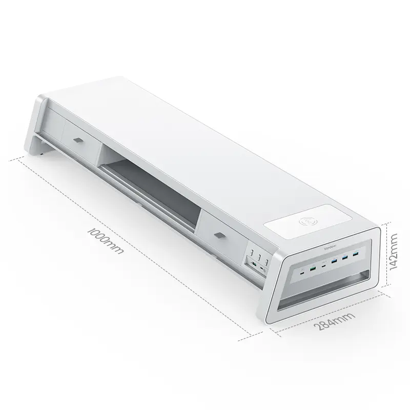 Soporte metálico elevador para dos monitores con 8 puertos USB, base de carga inalámbrica y tira de luz LED; organizador de escritorio con 2 cajones para PC e iMac (39,3 pulgadas)