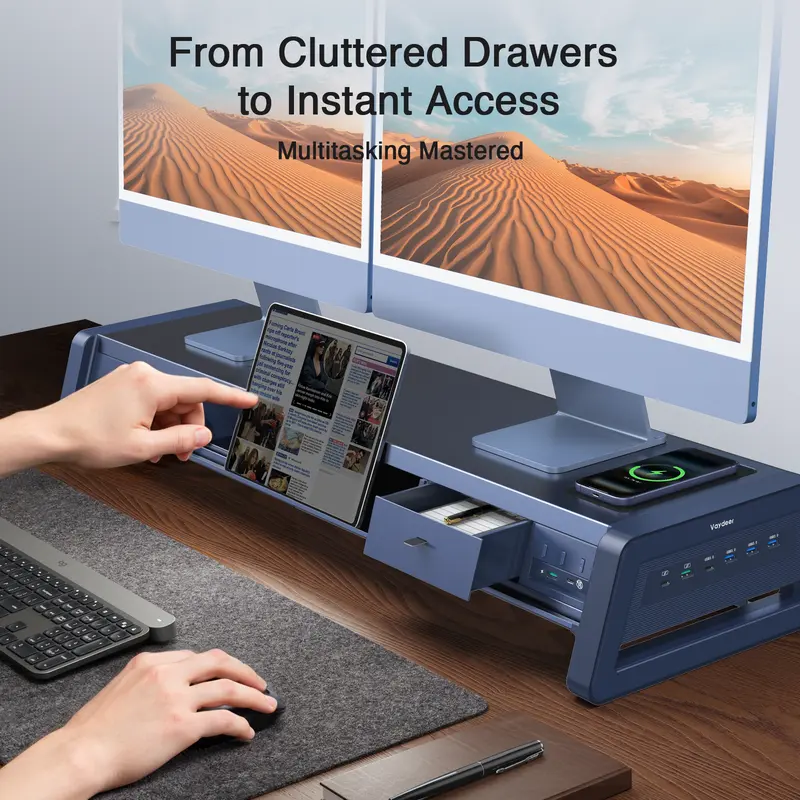 Soporte metálico elevador para dos monitores con 8 puertos USB, base de carga inalámbrica y tira de luz LED; organizador de escritorio con 2 cajones para PC e iMac (39,3 pulgadas)