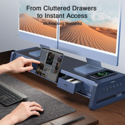 Soporte metálico elevador para dos monitores con 8 puertos USB, base de carga inalámbrica y tira de luz LED; organizador de escritorio con 2 cajones para PC e iMac (39,3 pulgadas)