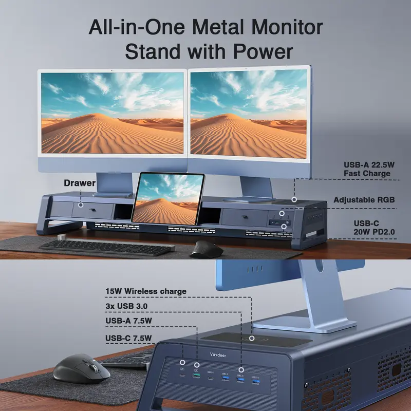 Soporte metálico elevador para dos monitores con 8 puertos USB, base de carga inalámbrica y tira de luz LED; organizador de escritorio con 2 cajones para PC e iMac (39,3 pulgadas)