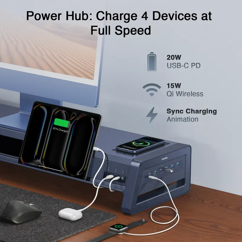 Soporte metálico elevador para dos monitores con 8 puertos USB, base de carga inalámbrica y tira de luz LED; organizador de escritorio con 2 cajones para PC e iMac (39,3 pulgadas)