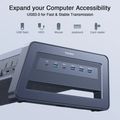 Soporte metálico elevador para dos monitores con 8 puertos USB, base de carga inalámbrica y tira de luz LED; organizador de escritorio con 2 cajones para PC e iMac (39,3 pulgadas)