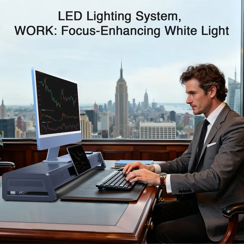 Soporte metálico elevador para dos monitores con 8 puertos USB, base de carga inalámbrica y tira de luz LED; organizador de escritorio con 2 cajones para PC e iMac (39,3 pulgadas)