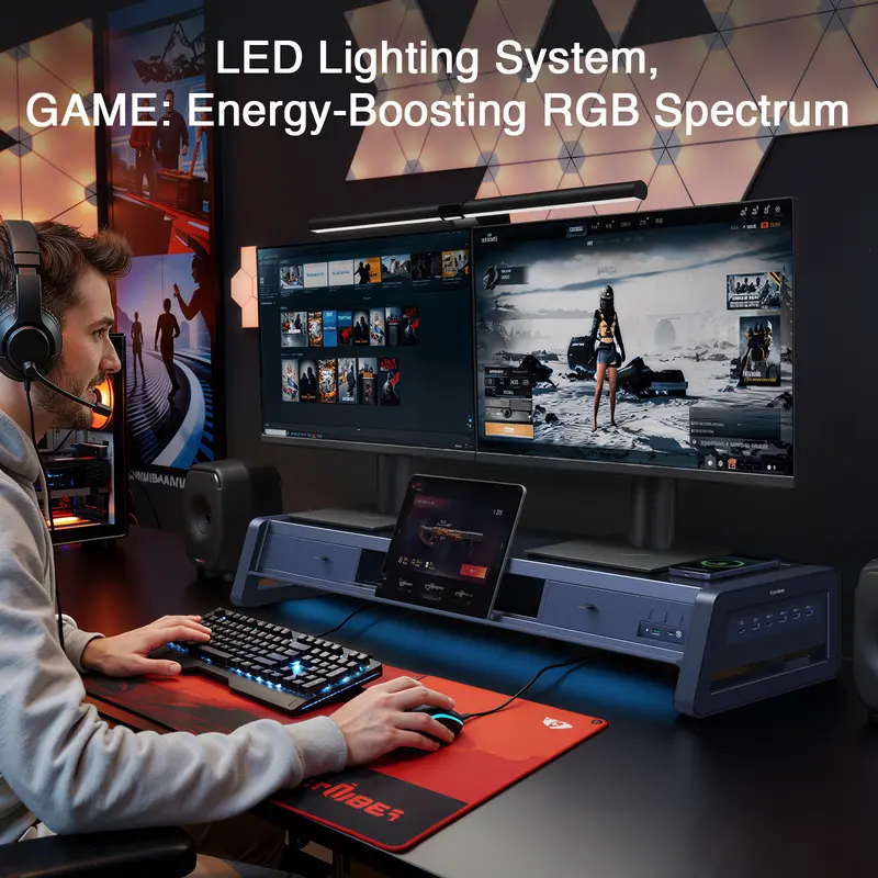 Soporte metálico elevador para dos monitores con 8 puertos USB, base de carga inalámbrica y tira de luz LED; organizador de escritorio con 2 cajones para PC e iMac (39,3 pulgadas)