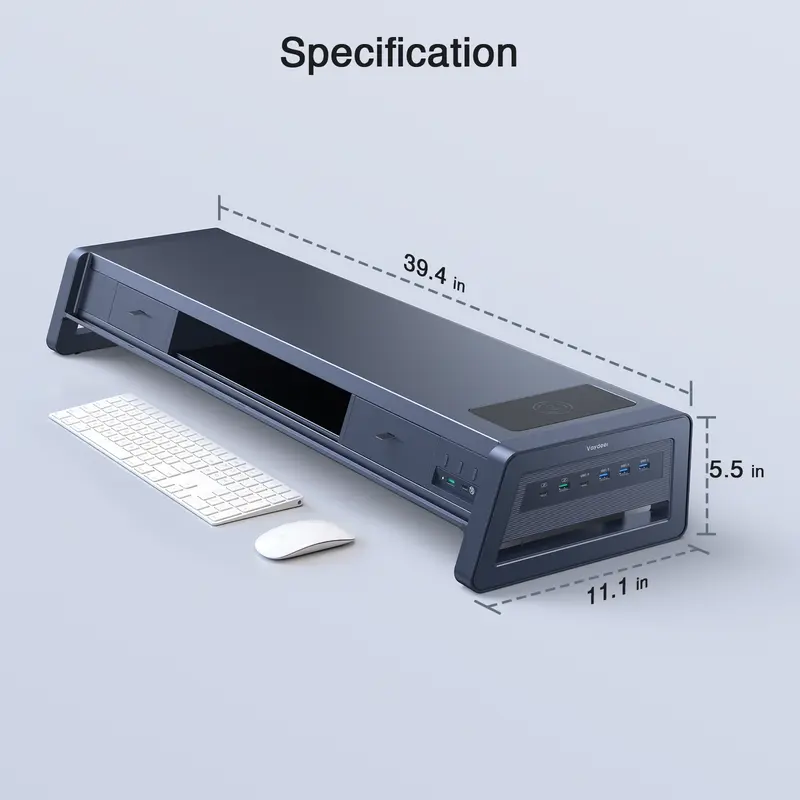 Soporte metálico elevador para dos monitores con 8 puertos USB, base de carga inalámbrica y tira de luz LED; organizador de escritorio con 2 cajones para PC e iMac (39,3 pulgadas)