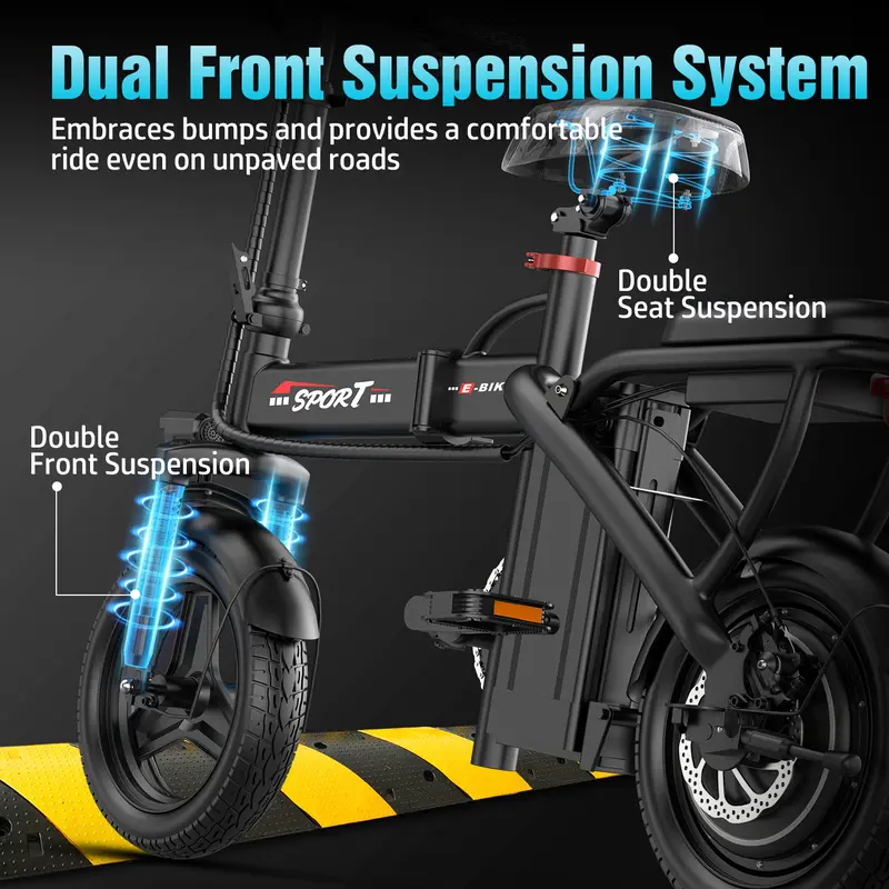 Bicicleta eléctrica Z6 | Potencia máxima de 1200 W | 25 MPH | Neumáticos de 14" | Autonomía de 22 a 40 millas | Freno de disco trasero | Plegable | Dos asientos