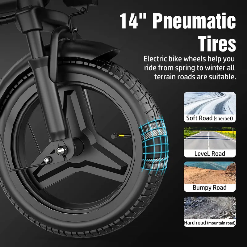 Bicicleta eléctrica Z6 | Potencia máxima de 1200 W | 25 MPH | Neumáticos de 14" | Autonomía de 22 a 40 millas | Freno de disco trasero | Plegable | Dos asientos