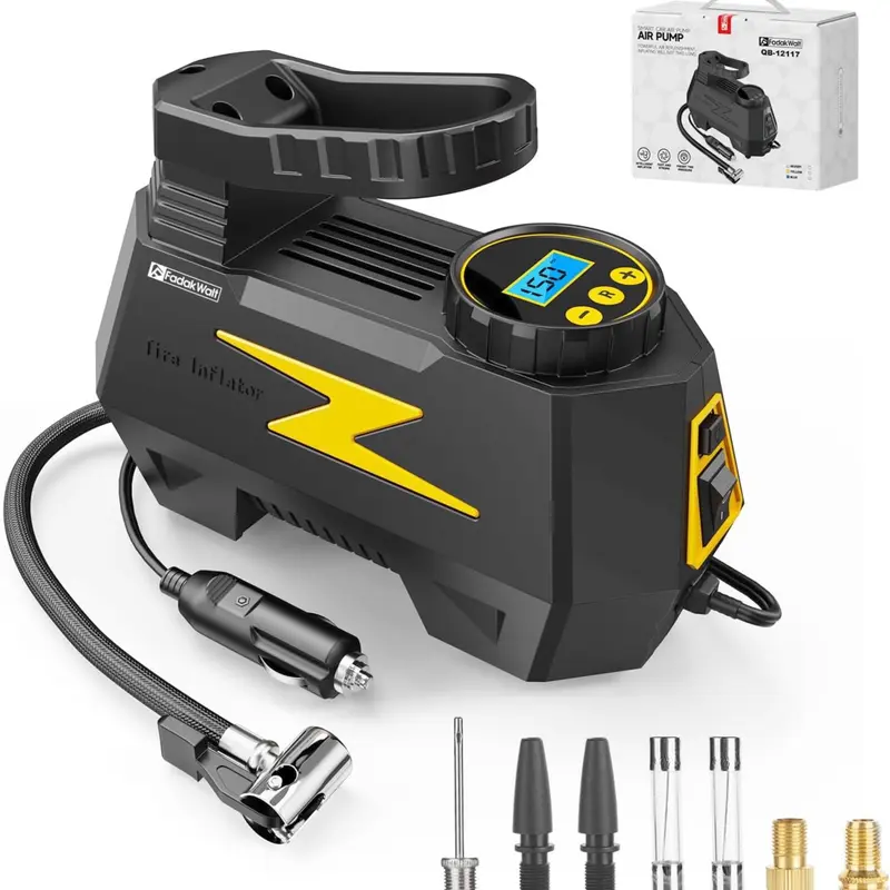 Inflador de neumáticos y compresor de aire portátil — DC 12V, pantalla LED y manómetro de 150 PSI — Para neumáticos de automóviles, motocicletas, bicicletas y balones — Diseño seguro, fiable y compacto.