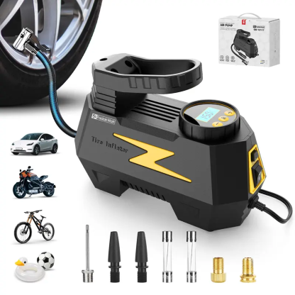 Inflador de neumáticos y compresor de aire portátil — DC 12V, pantalla LED y manómetro de 150 PSI — Para neumáticos de automóviles, motocicletas, bicicletas y balones — Diseño seguro, fiable y compacto.
