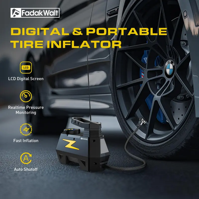 Inflador de neumáticos y compresor de aire portátil — DC 12V, pantalla LED y manómetro de 150 PSI — Para neumáticos de automóviles, motocicletas, bicicletas y balones — Diseño seguro, fiable y compacto.