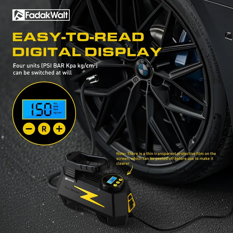 Inflador de neumáticos y compresor de aire portátil — DC 12V, pantalla LED y manómetro de 150 PSI — Para neumáticos de automóviles, motocicletas, bicicletas y balones — Diseño seguro, fiable y compacto.