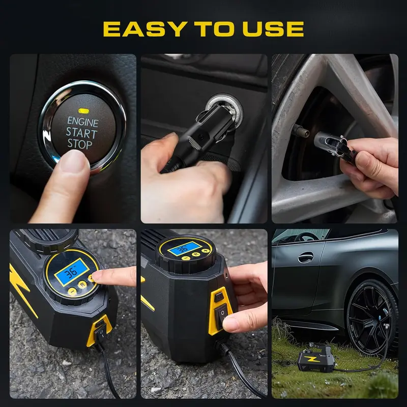 Inflador de neumáticos y compresor de aire portátil — DC 12V, pantalla LED y manómetro de 150 PSI — Para neumáticos de automóviles, motocicletas, bicicletas y balones — Diseño seguro, fiable y compacto.