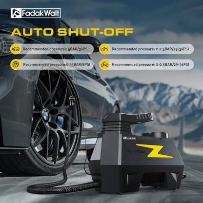 Inflador de neumáticos y compresor de aire portátil — DC 12V, pantalla LED y manómetro de 150 PSI — Para neumáticos de automóviles, motocicletas, bicicletas y balones — Diseño seguro, fiable y compacto.