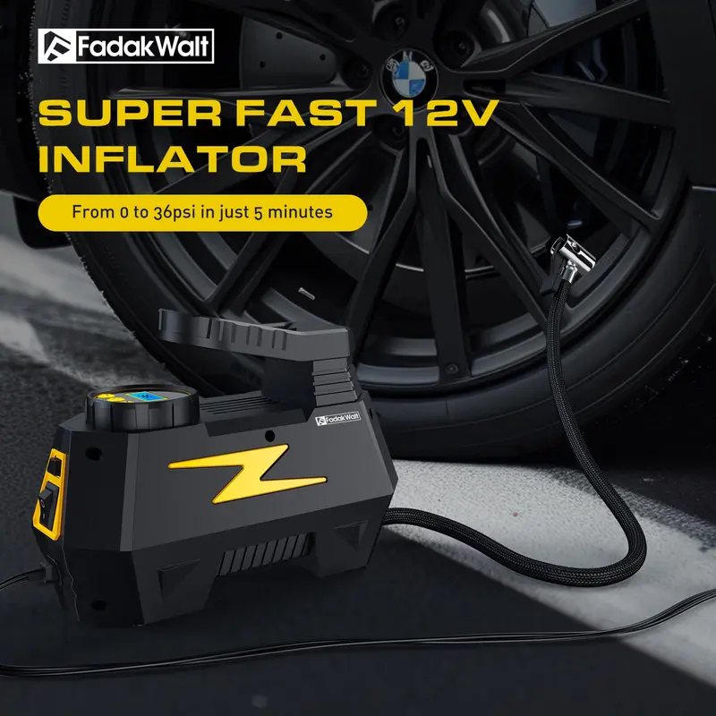 Inflador de neumáticos y compresor de aire portátil — DC 12V, pantalla LED y manómetro de 150 PSI — Para neumáticos de automóviles, motocicletas, bicicletas y balones — Diseño seguro, fiable y compacto.