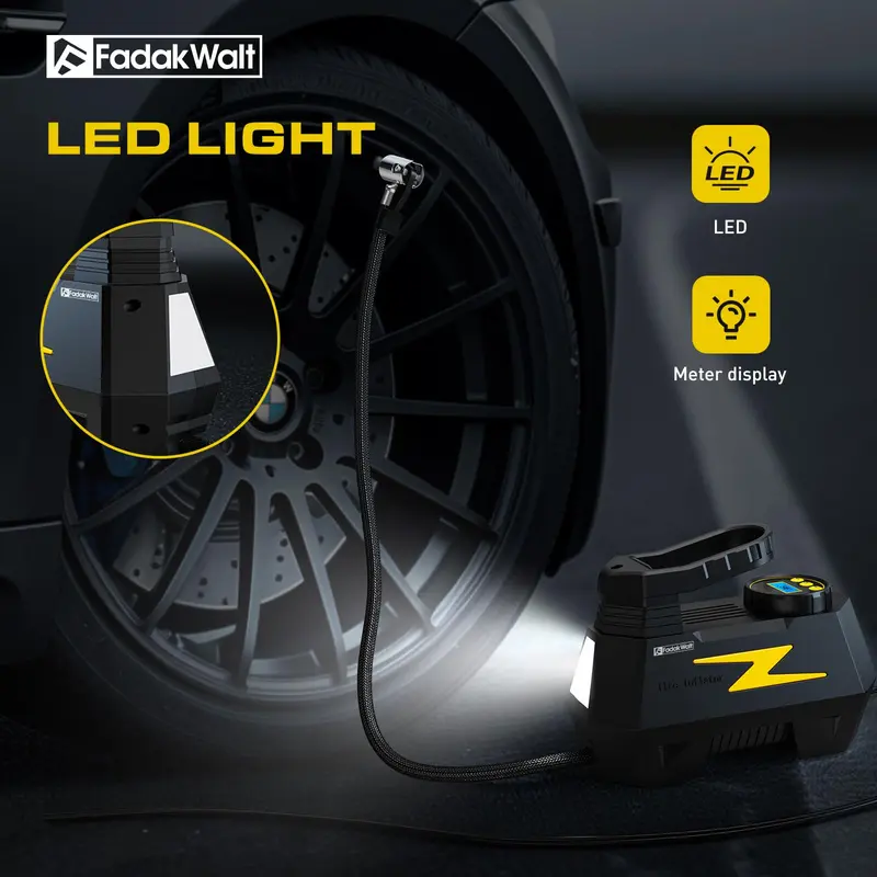 Inflador de neumáticos y compresor de aire portátil — DC 12V, pantalla LED y manómetro de 150 PSI — Para neumáticos de automóviles, motocicletas, bicicletas y balones — Diseño seguro, fiable y compacto.