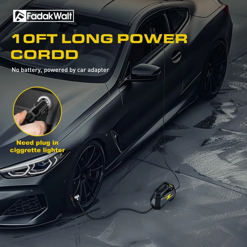 Inflador de neumáticos y compresor de aire portátil — DC 12V, pantalla LED y manómetro de 150 PSI — Para neumáticos de automóviles, motocicletas, bicicletas y balones — Diseño seguro, fiable y compacto.