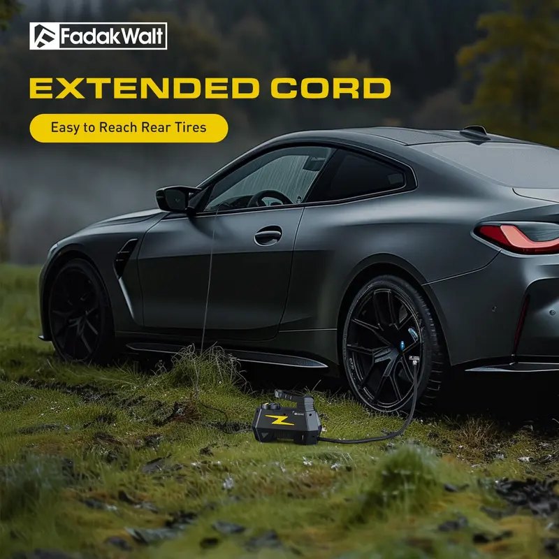 Inflador de neumáticos y compresor de aire portátil — DC 12V, pantalla LED y manómetro de 150 PSI — Para neumáticos de automóviles, motocicletas, bicicletas y balones — Diseño seguro, fiable y compacto.