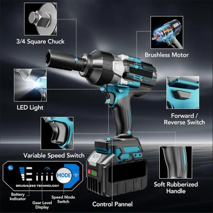 Llave de impacto inalámbrica de 750 N·m, pistola de impacto inalámbrica totalmente metálica con 2 baterías de 3.0 Ah, llave de impacto eléctrica 3 en 1 con 5 vasos, llave de impacto de 1/2 pulgada de alto par.