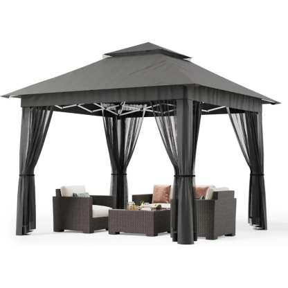 Gizoon Carpa Gazebo Plegable de 11x11 pies con Mosquitera, Gazebo de Montaje Instantáneo, Carpa para Fiestas con Bolsa de Transporte con Ruedas, Toldo Plegable para Fiestas, Patios, Jardines y Terrazas — Gris